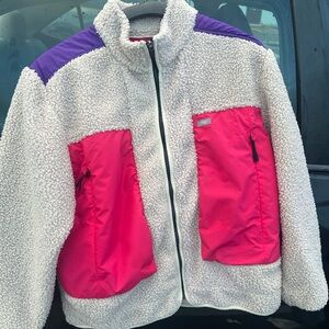 Figs Cream and Pink Teddy Jacket with Purple Accents